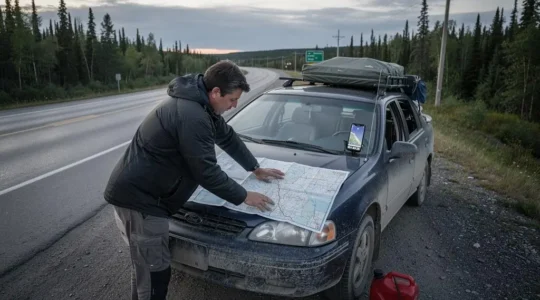 A traveler checks a road atlas on the hood of a car parked on the shoulder of the Trans-Canada Highway in Northern Ontario.