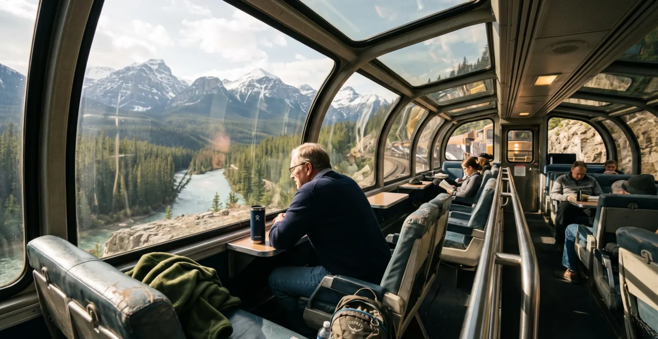 Passengers in the panoramic dome car of a long-distance Canadian train looking out at mountain scenery in morning light.