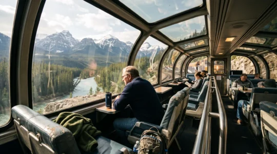 Passengers in the panoramic dome car of a long-distance Canadian train looking out at mountain scenery in morning light.