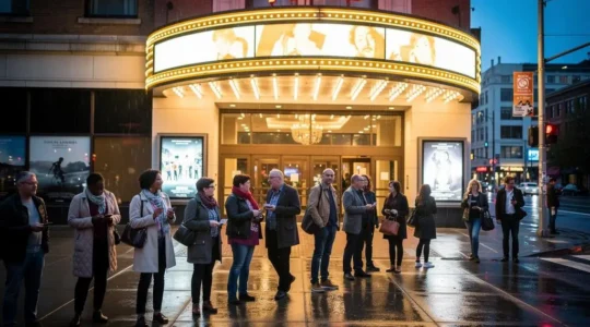 A long queue of festival attendees waits outside a lit downtown Canadian cinema on a festival evening.