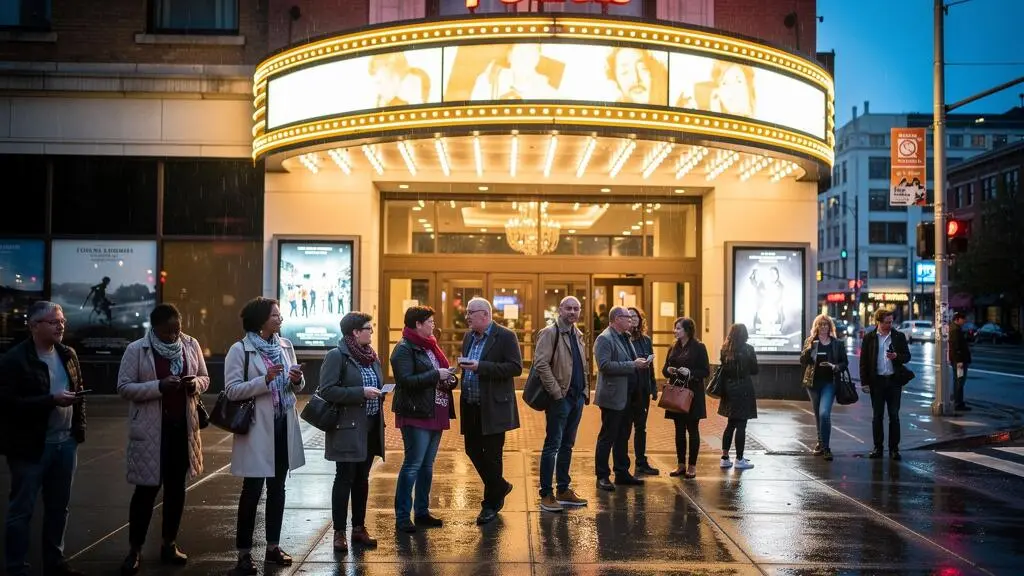 A long queue of festival attendees waits outside a lit downtown Canadian cinema on a festival evening.