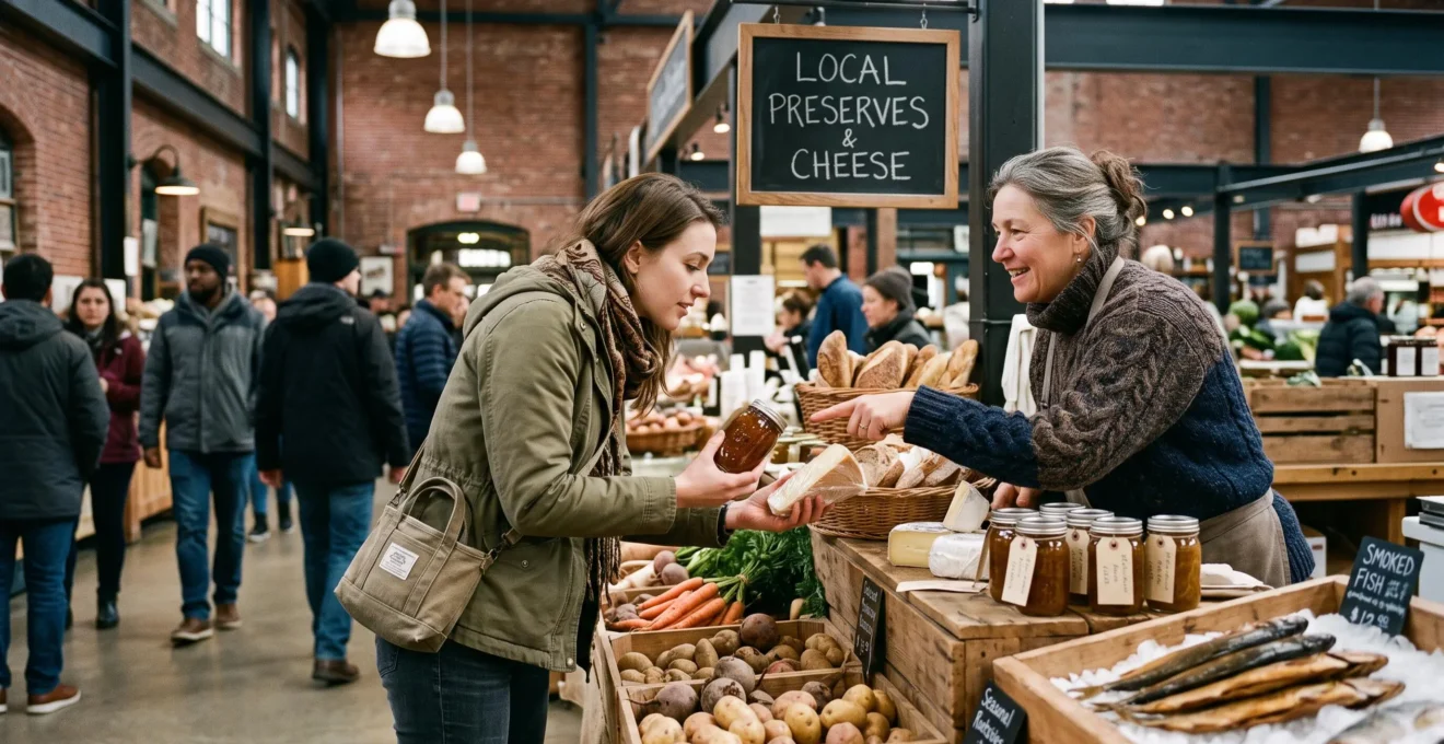 A traveler examines jars of regional preserves and local cheese at a market stall while a vendor points to the products in a busy Canadian public market hall.