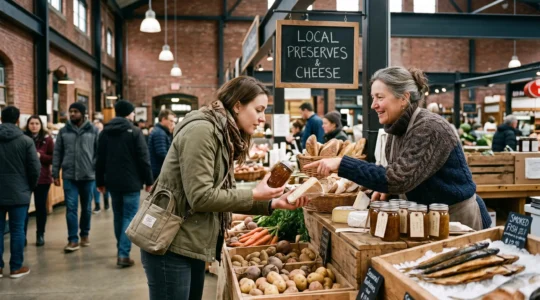 A traveler examines jars of regional preserves and local cheese at a market stall while a vendor points to the products in a busy Canadian public market hall.