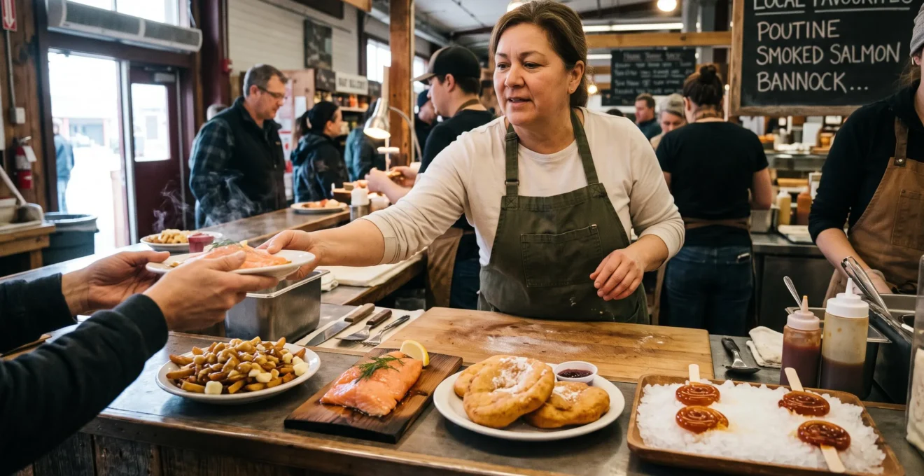 A market food counter in Canada serving several distinct regional dishes including poutine, smoked salmon, bannock and maple taffy.