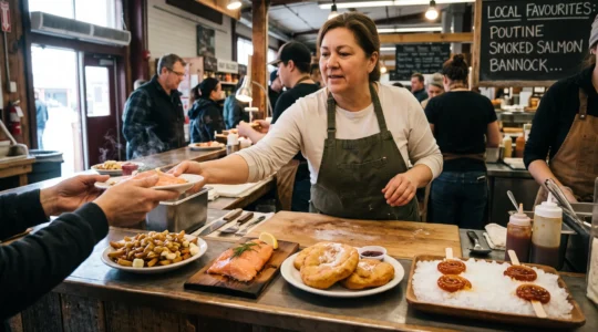 A market food counter in Canada serving several distinct regional dishes including poutine, smoked salmon, bannock and maple taffy.