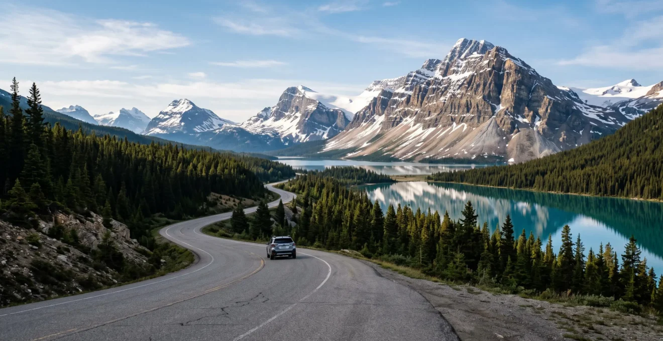 Vistas of the Canadian Rockies along the Icefields Parkway under morning light.
