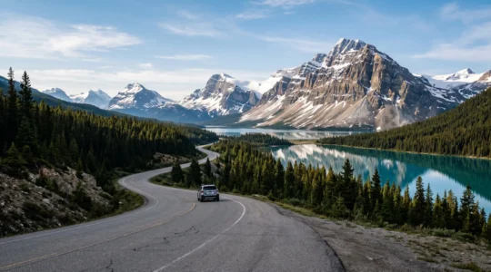 Vistas of the Canadian Rockies along the Icefields Parkway under morning light.