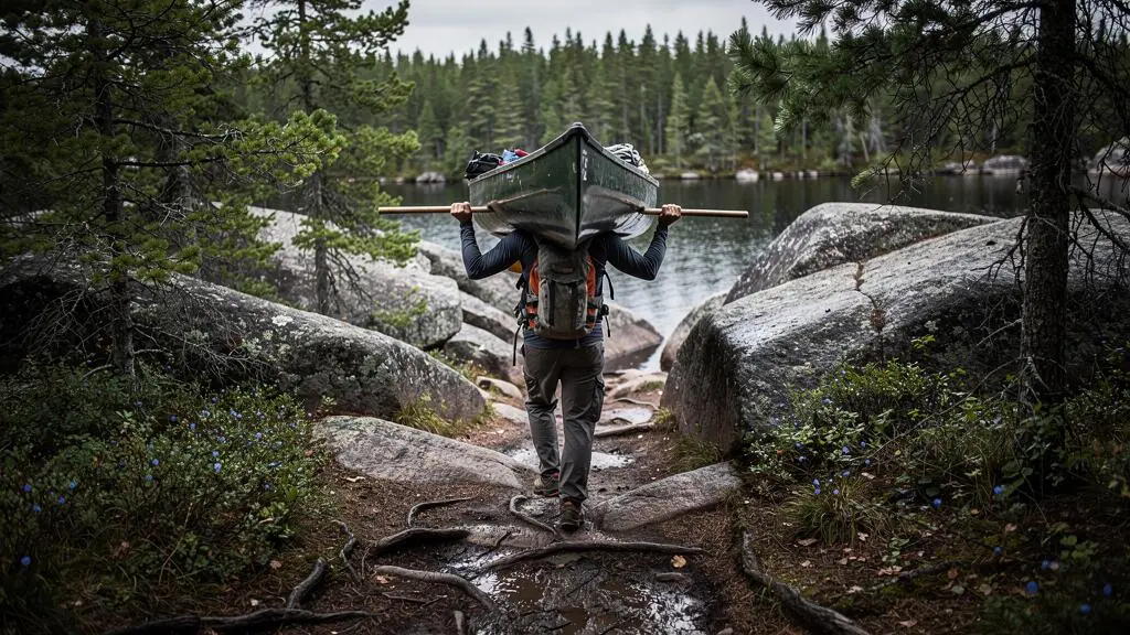 A first-time canoe tripper carries a loaded canoe on a portage yoke along a rocky Canadian Shield trail between two lakes.