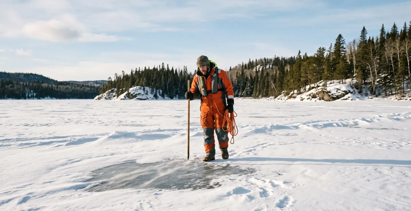 A person wearing a flotation suit walks across a snow-covered frozen lake in Canada, carrying an ice chisel and throw rope while checking the ice surface ahead.