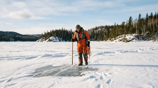 A person wearing a flotation suit walks across a snow-covered frozen lake in Canada, carrying an ice chisel and throw rope while checking the ice surface ahead.