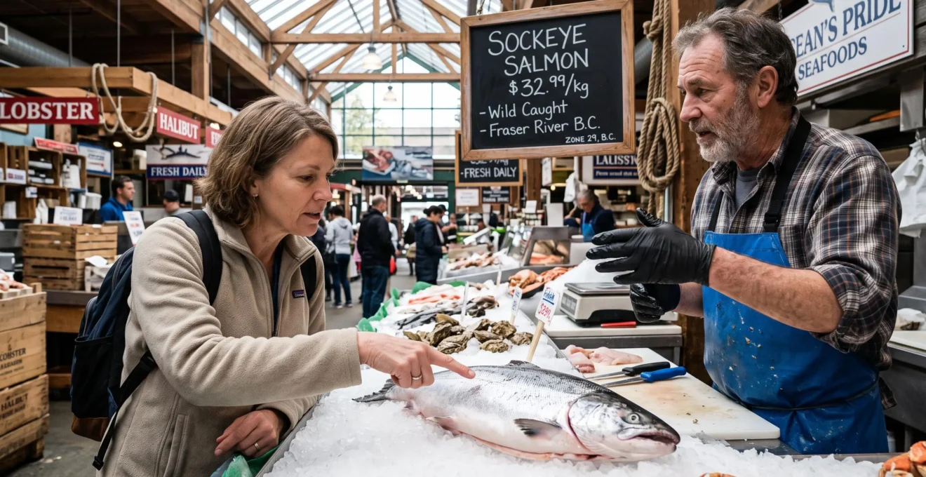 Un consommateur examine un filet de saumon sauvage auprès d'un poissonnier dans un marché canadien.
