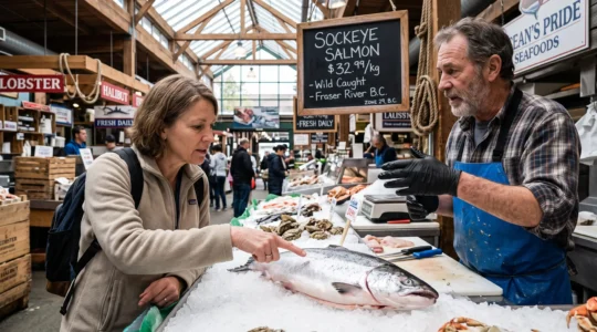 Un consommateur examine un filet de saumon sauvage auprès d'un poissonnier dans un marché canadien.
