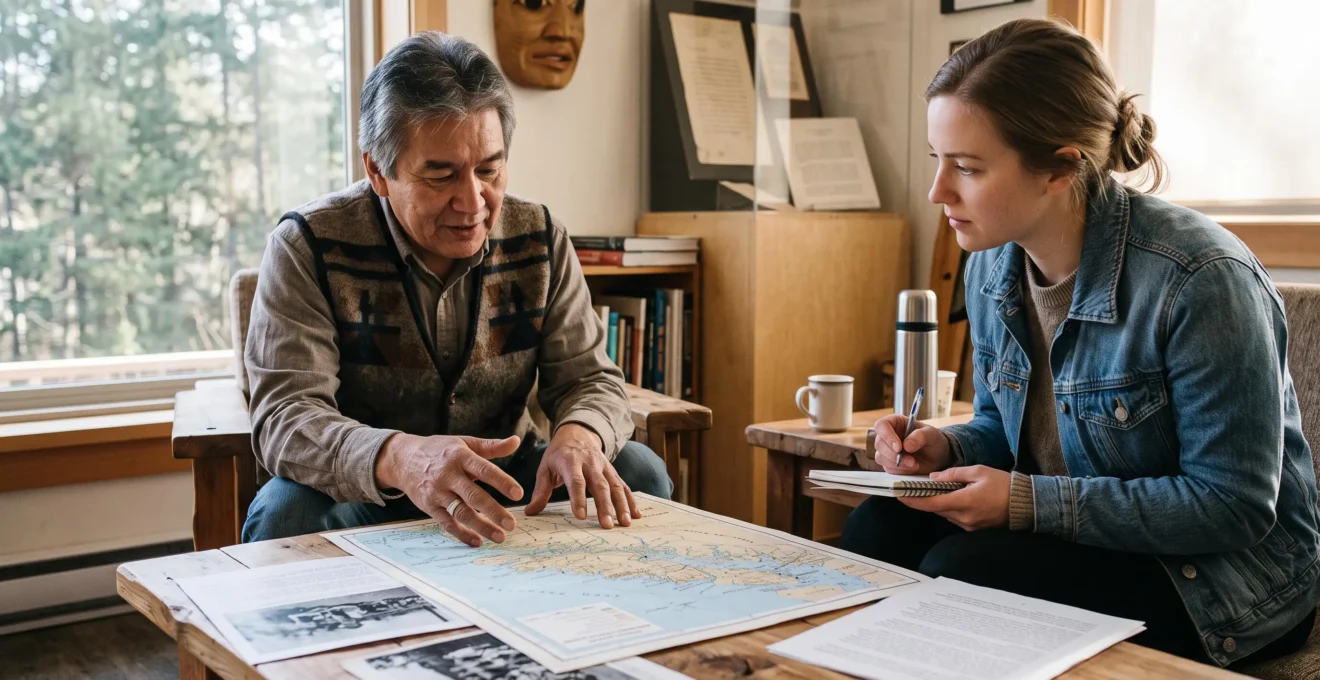 Un guide des Premières Nations partage des informations avec un visiteur respectueux dans un centre culturel canadien.