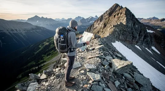 A hiker with a loaded daypack pauses on a rocky alpine ridge in the Canadian Rockies, checking a map and altimeter before a steep summit scramble.
