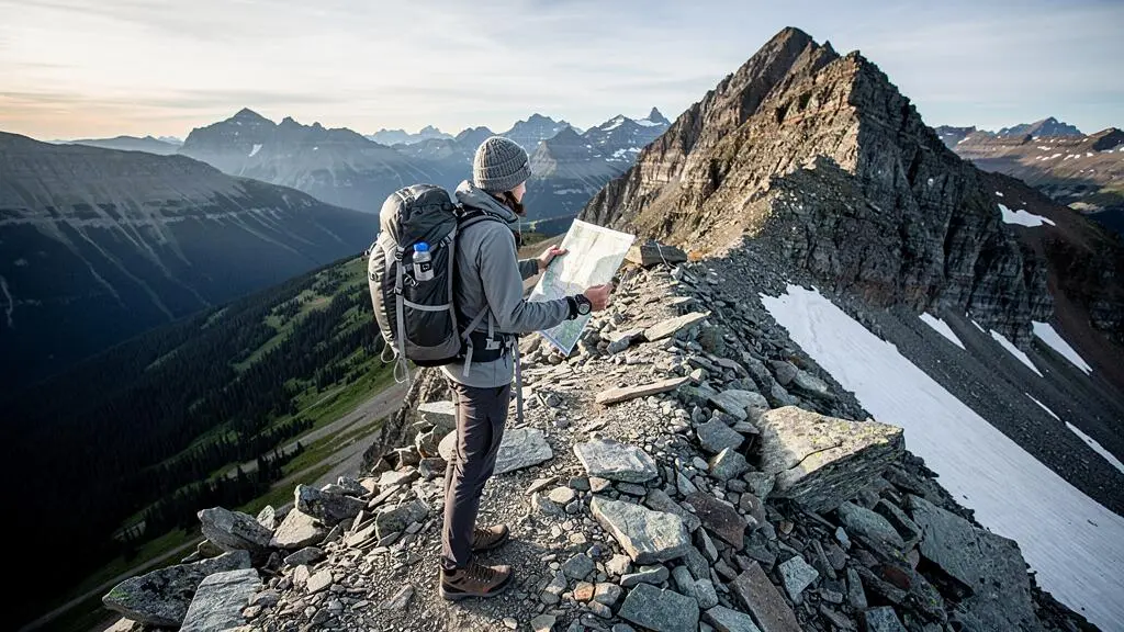 A hiker with a loaded daypack pauses on a rocky alpine ridge in the Canadian Rockies, checking a map and altimeter before a steep summit scramble.
