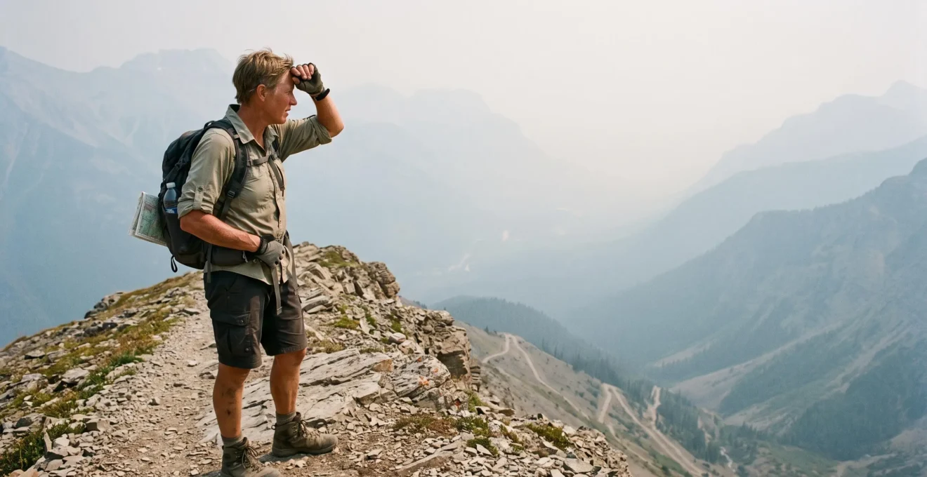 A hiker pauses on a hot, hazy ridge trail in the Canadian Rockies, wiping sweat while wildfire smoke fills the valley below.