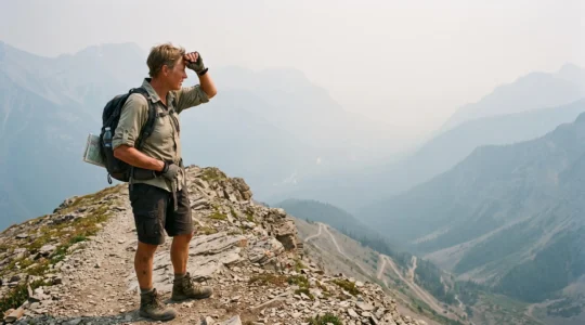 A hiker pauses on a hot, hazy ridge trail in the Canadian Rockies, wiping sweat while wildfire smoke fills the valley below.