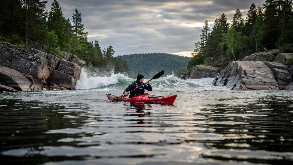 A kayaker in a red touring kayak paddles between forested granite islands on a Canadian lake as whitecaps and wind streaks spread across the water.