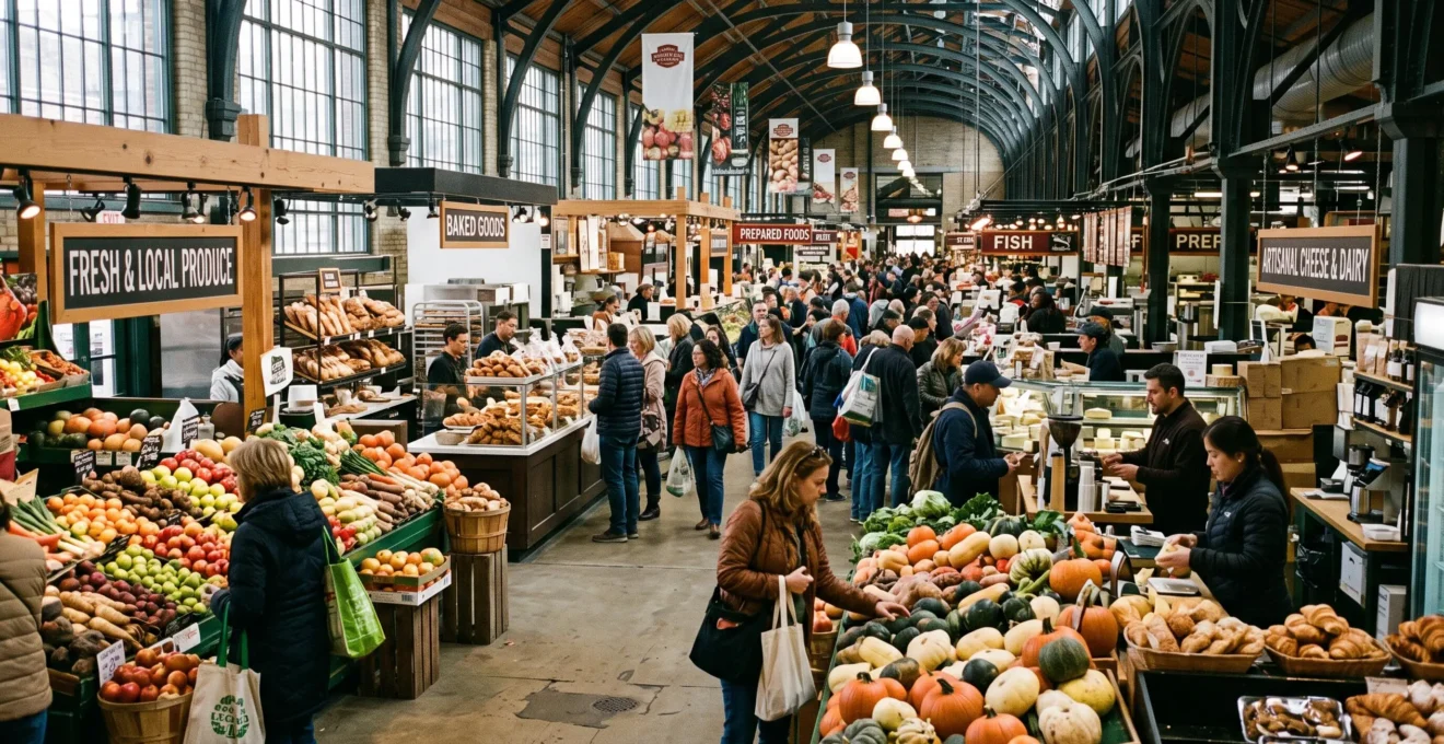 Marché public canadien animé remplissant la diversité culinaire et culturelle urbaine d'une ville canadienne, avec une foule de clients interagissant avec des vendeurs d'aliments et d'artisanats.