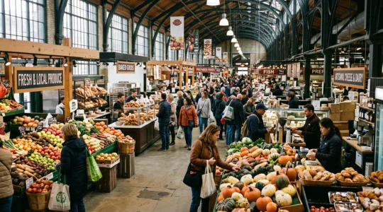 Marché public canadien animé remplissant la diversité culinaire et culturelle urbaine d'une ville canadienne, avec une foule de clients interagissant avec des vendeurs d'aliments et d'artisanats.