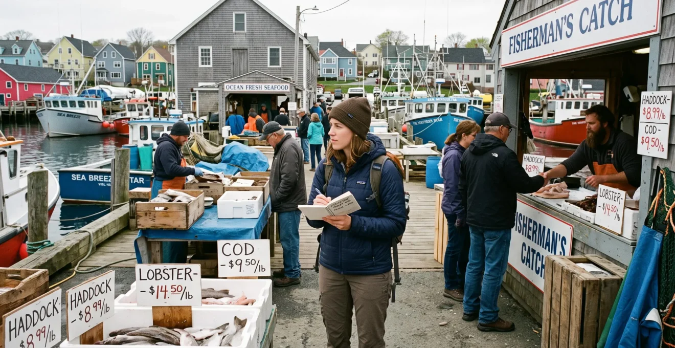Woman observing seafood vendors and comparing prices in an authentic Atlantic Canadian fishing wharf market.