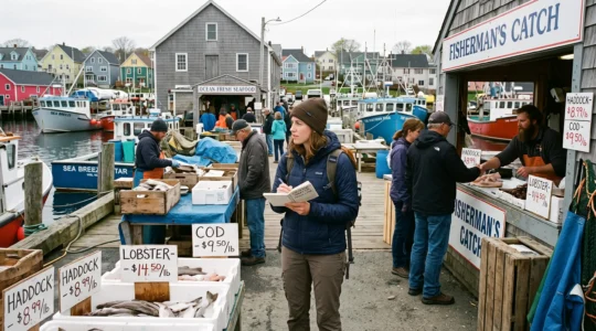 Woman observing seafood vendors and comparing prices in an authentic Atlantic Canadian fishing wharf market.