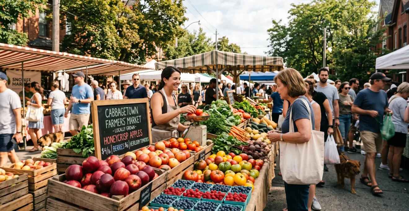 Abundance of local Canadian seasonal produce displayed on an authentic farmers' market stall during a sunny morning.