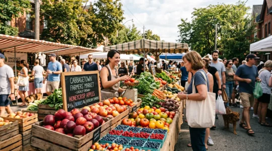 Abundance of local Canadian seasonal produce displayed on an authentic farmers' market stall during a sunny morning.