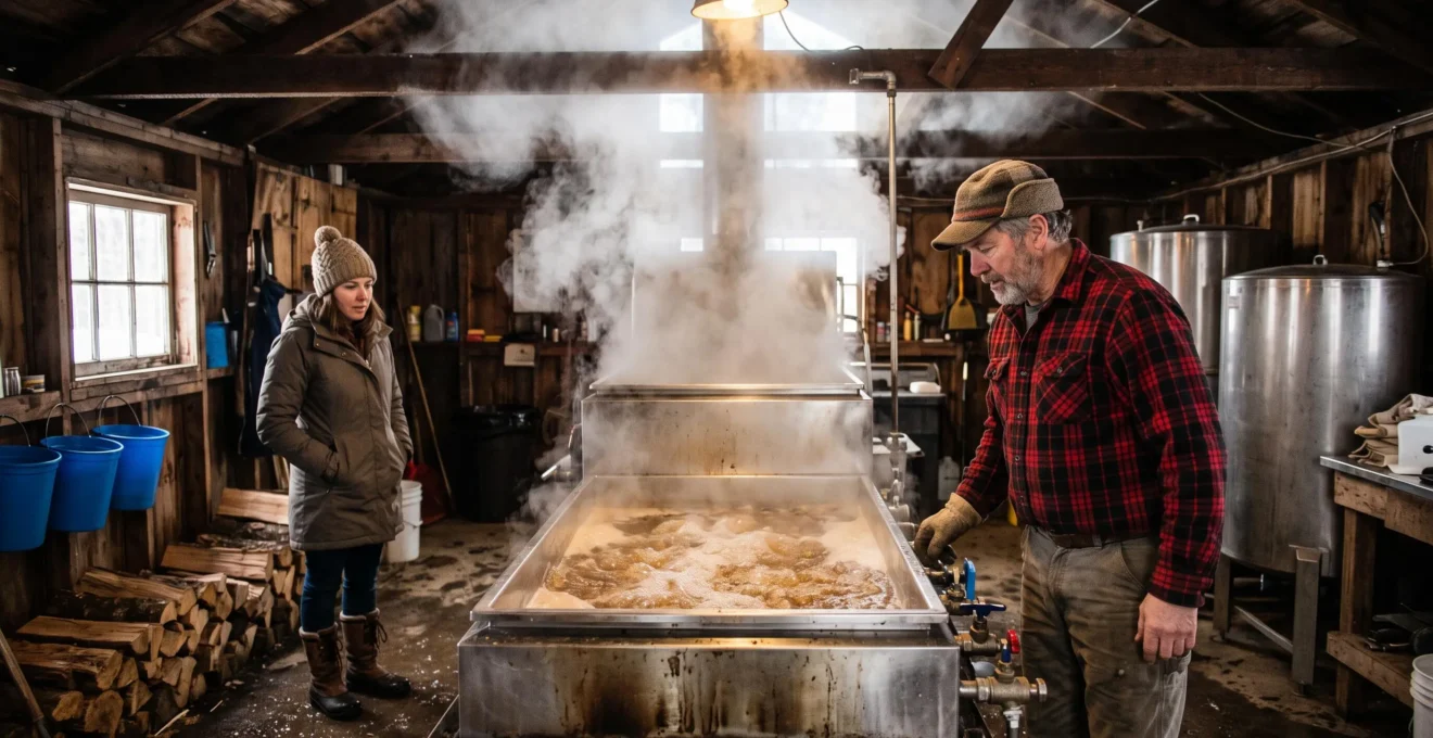 A maple producer watching sap boil in an evaporator inside a Canadian sugar shack while steam rises and a visitor observes.