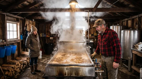 A maple producer watching sap boil in an evaporator inside a Canadian sugar shack while steam rises and a visitor observes.