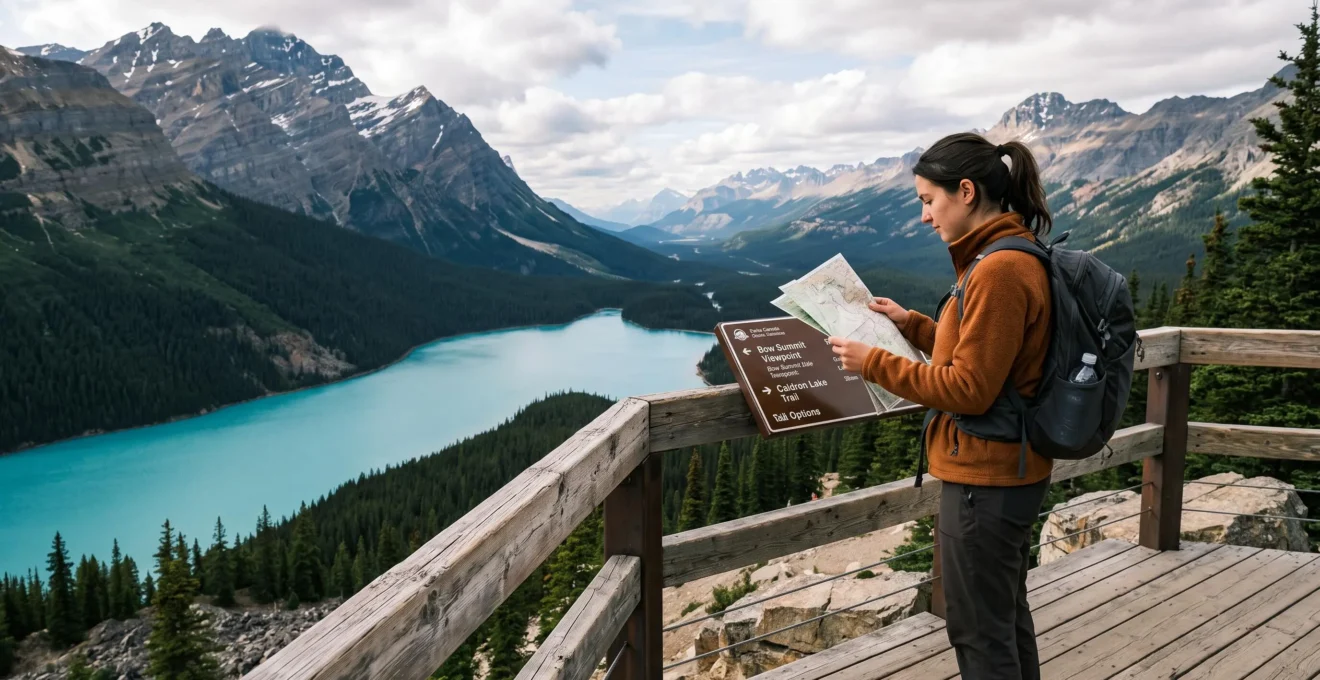 A traveller stands on an observation platform overlooking a turquoise mountain lake, reading an interpretive signpost before visiting a Canadian UNESCO site.
