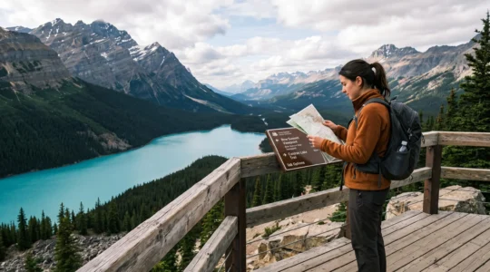 A traveller stands on an observation platform overlooking a turquoise mountain lake, reading an interpretive signpost before visiting a Canadian UNESCO site.