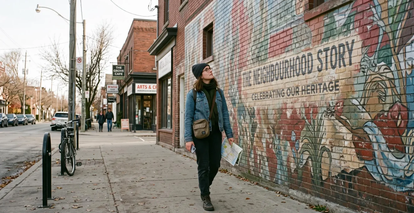 A traveller pauses on a sidewalk in a Canadian neighbourhood to look at a large mural painted on a brick building wall.