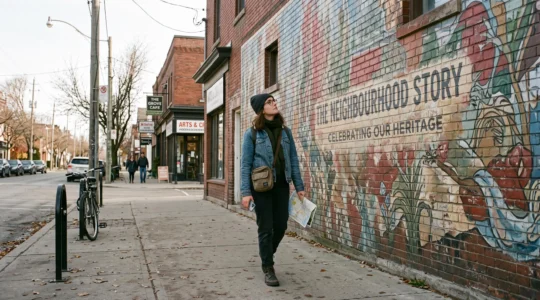 A traveller pauses on a sidewalk in a Canadian neighbourhood to look at a large mural painted on a brick building wall.