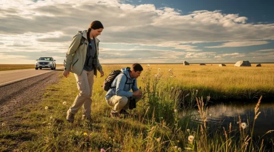 A traveller walks from a parked car into tall prairie grass to observe the landscape up close under a wide Canadian sky.