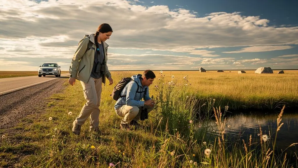 A traveller walks from a parked car into tall prairie grass to observe the landscape up close under a wide Canadian sky.