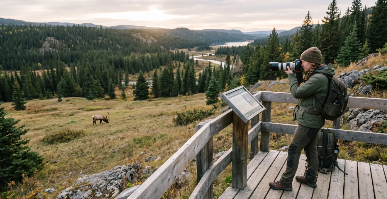 A visitor photographing a distant elk from an observation platform in a Canadian national park using a telephoto lens.