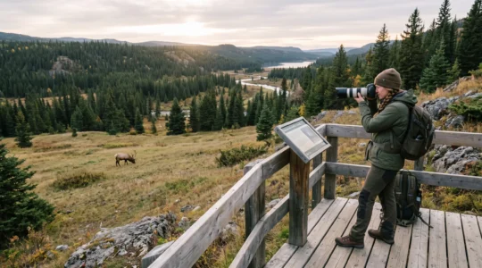A visitor photographing a distant elk from an observation platform in a Canadian national park using a telephoto lens.