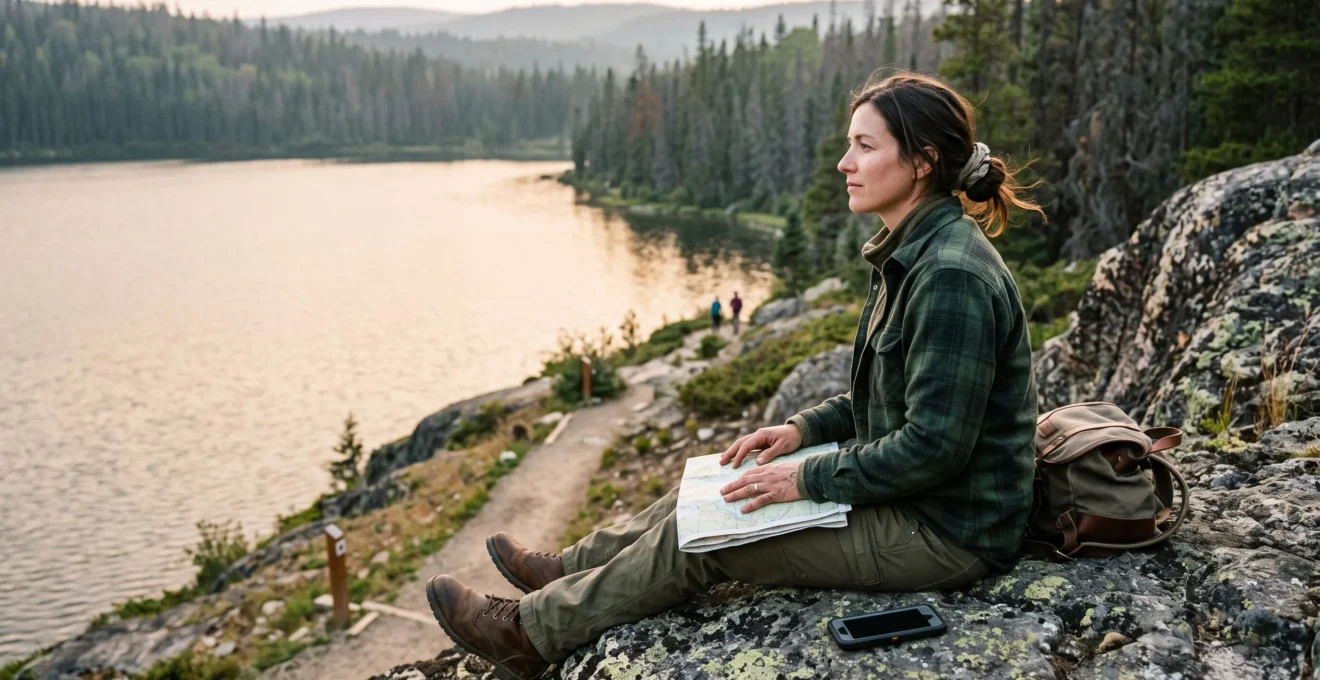 A woman sits on a rocky outcrop above a Canadian lake, a paper map on her lap and her phone turned face-down beside her.