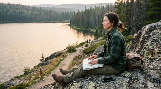 A woman sits on a rocky outcrop above a Canadian lake, a paper map on her lap and her phone turned face-down beside her.